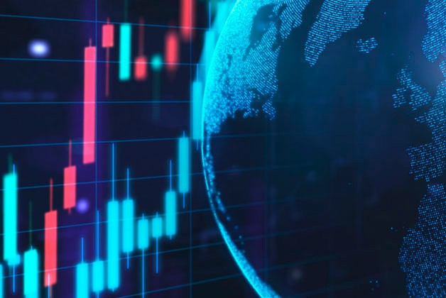 Stock market chart and a particle earth.